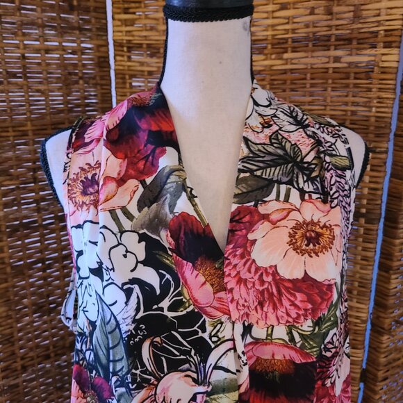 VTG 90s Y2K Spense Sheer Blouse Sleeveless Burgundy Black Floral Pleat Front M - Picture 3 of 5